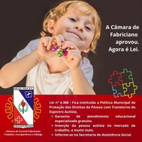 Lei que institui a Política Municipal de Proteção dos Direitos da pessoa com Transtorno do Espectro Autista é sancionada em Fabriciano.